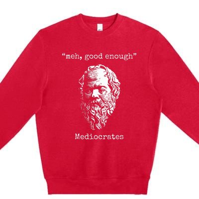 Mediocrates Meh Good Enough Lazy Logic Sloth Wisdom Meme Premium Crewneck Sweatshirt