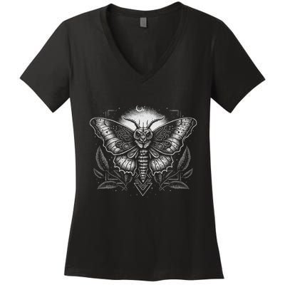 Moth Moon Geometry Heterocera Folkloric Wiccan Nature Goth Women's V-Neck T-Shirt