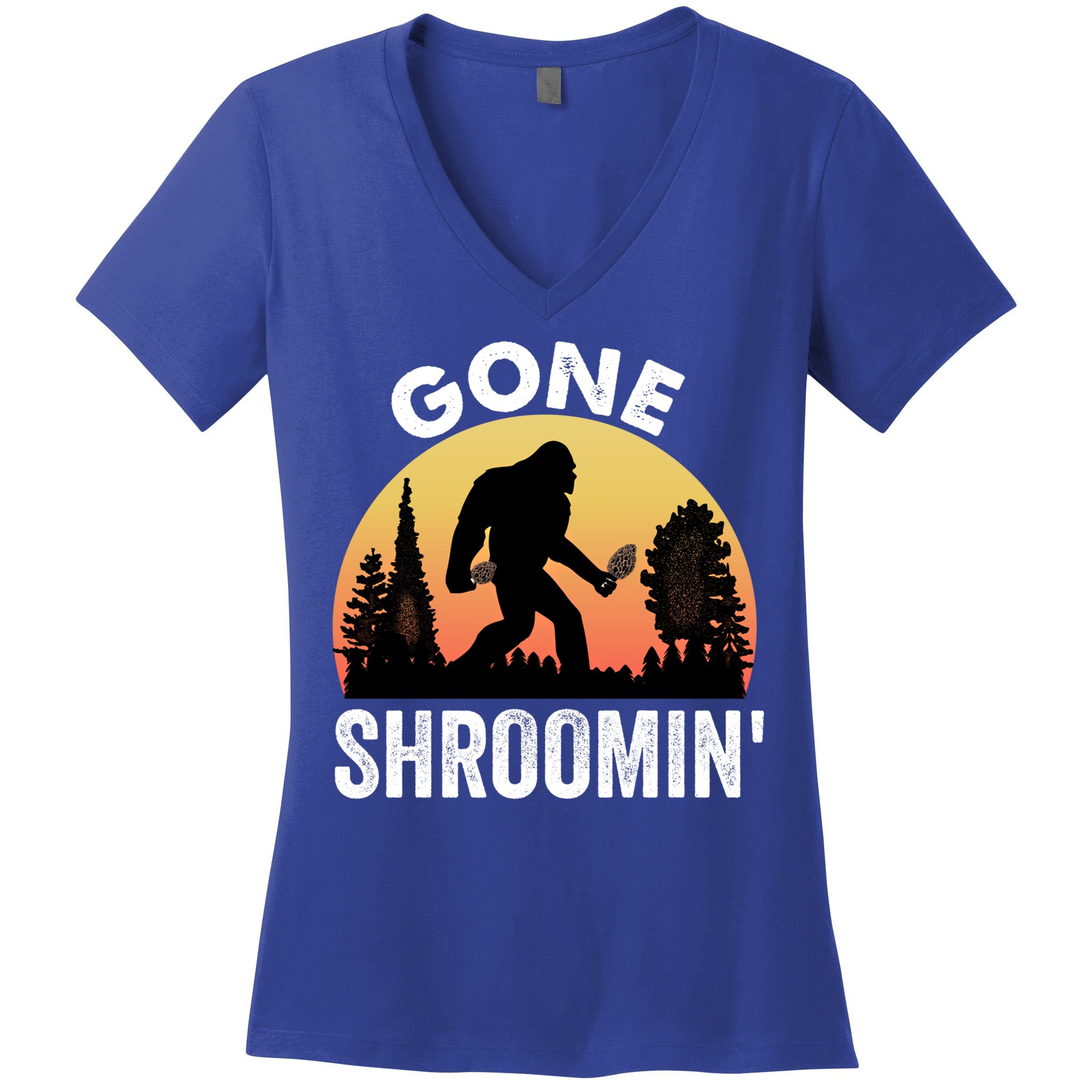Morel Mushroom Hunter Gone Shroomin Funny Sasquatch Foraging Gift Women's V-Neck T-Shirt