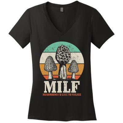 Morel Mushroom Hunting M.I.L.F. Mushrooms ID Like To Forage Women's V-Neck T-Shirt