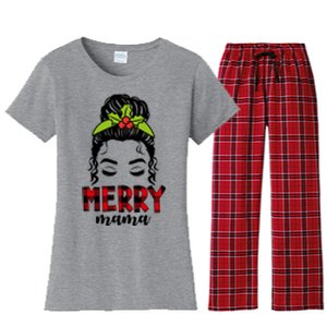 Merry Mama Hair Bun Festive Christmas Women's Flannel Pajama Set