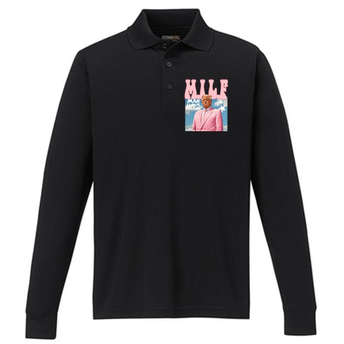 Milf Man I Love Felons Funny Trump Pink 2024 For President Performance Long Sleeve Polo