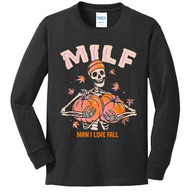 MILF Man I Love Fall Funny Skeleton Halloween Kids Long Sleeve Shirt