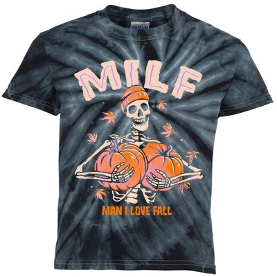 MILF Man I Love Fall Funny Skeleton Halloween Kids Tie-Dye T-Shirt