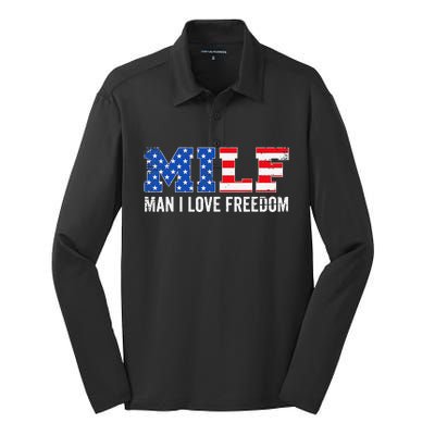 MILF Man I Love Freedom Funny Patriotic American 4th Of July Silk Touch Performance Long Sleeve Polo