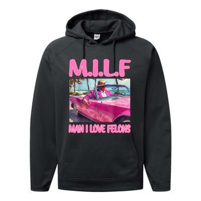 M.I.L.F Man I Love Felons Funny Trump Pink 2024 Election Performance Fleece Hoodie