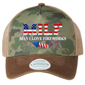 MILF Man I Love Fireworks Funny American Patriotic July 4th Legacy Tie Dye Trucker Hat