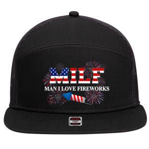 MILF Man I Love Fireworks Funny American Patriotic July 4th 7 Panel Mesh Trucker Snapback Hat