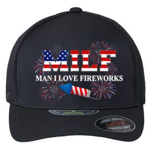 MILF Man I Love Fireworks Funny American Patriotic July 4th Flexfit Unipanel Trucker Cap