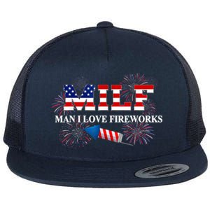 MILF Man I Love Fireworks Funny American Patriotic July 4th Flat Bill Trucker Hat