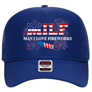 MILF Man I Love Fireworks Funny American Patriotic July 4th High Crown Mesh Back Trucker Hat