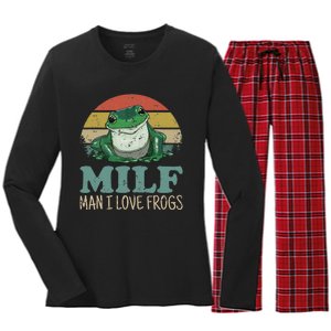 MILF Man I Love Frogs Funny Saying Frog Amphibian Lovers Women's Long Sleeve Flannel Pajama Set 