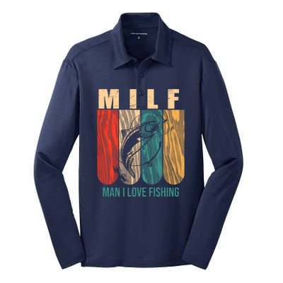 Milf Man I Love Fishing Vintage Silk Touch Performance Long Sleeve Polo