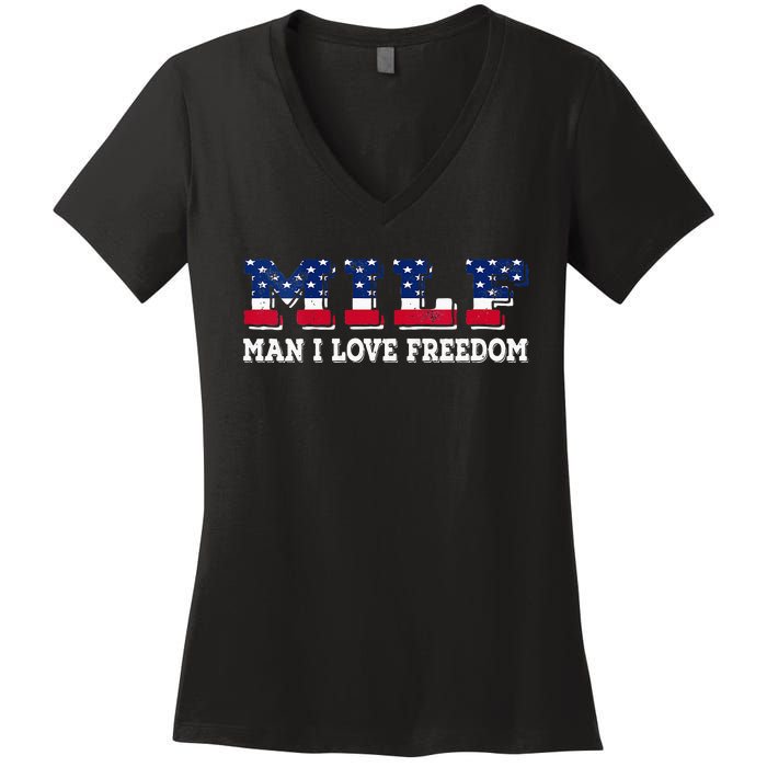 MILF Man I Love Freedom Funny Patriotic Women's V-Neck T-Shirt