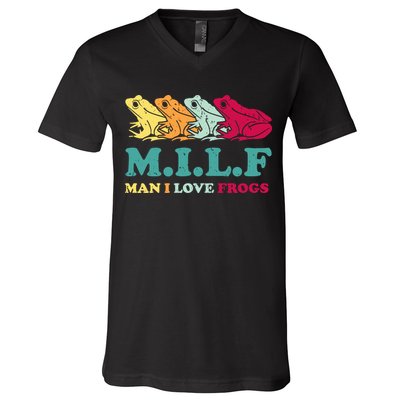 Milf Man I Love Frogs Retro Colorful V-Neck T-Shirt