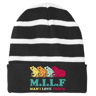 Milf Man I Love Frogs Retro Colorful Striped Beanie with Solid Band