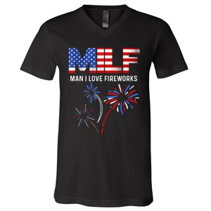 MILF Man I Love Fireworks Funny American Patriotic July 4th V-Neck T-Shirt