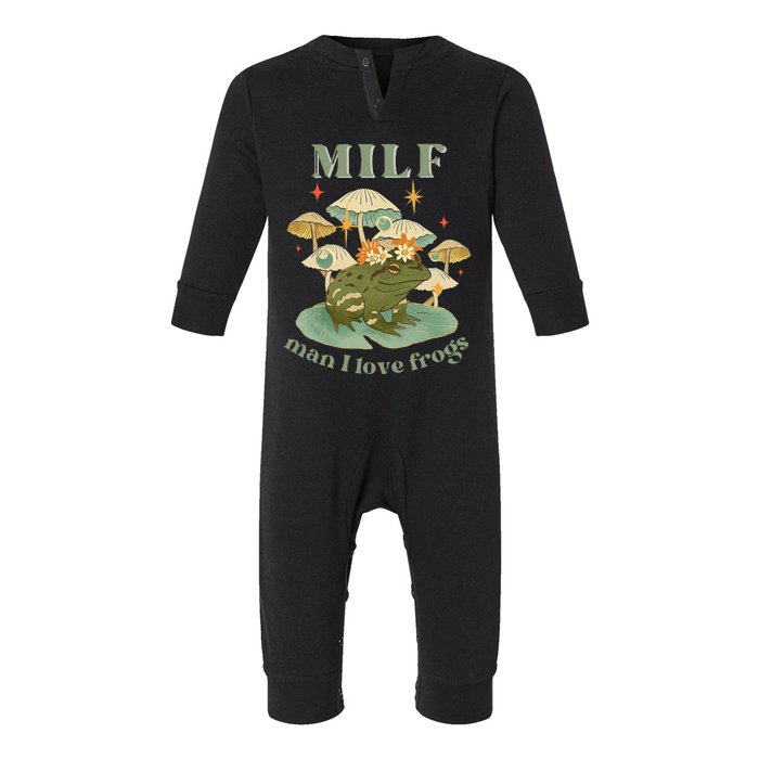 MILF Man I Love Frogs Vintage Retro Frog And Fungi Mushroom Infant Fleece One Piece