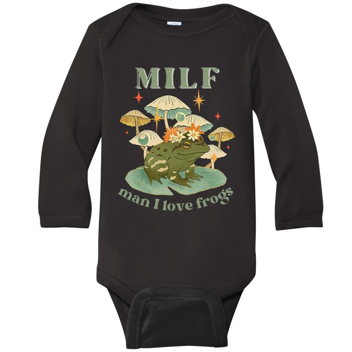 MILF Man I Love Frogs Vintage Retro Frog And Fungi Mushroom Baby Long Sleeve Bodysuit