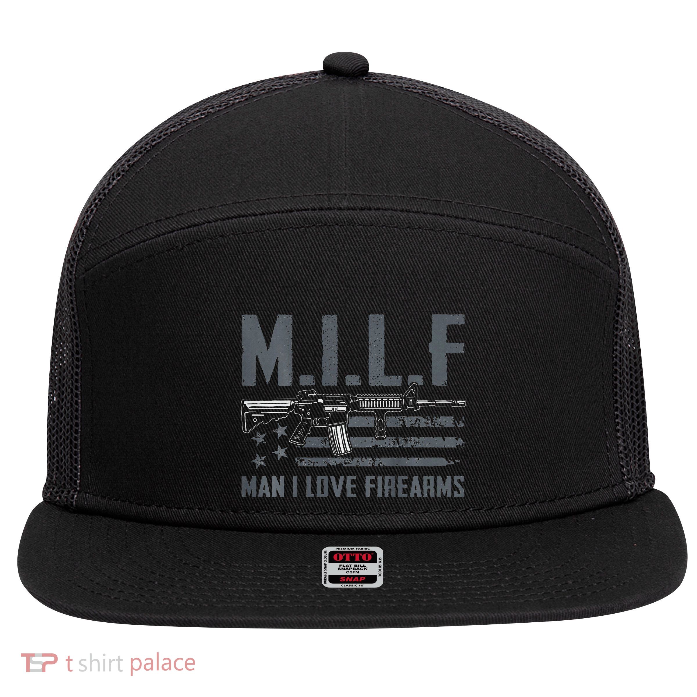 M.I.L.F Man I Love Firearms Funny Rifle Pro Gun 7 Panel Mesh Trucker Snapback Hat