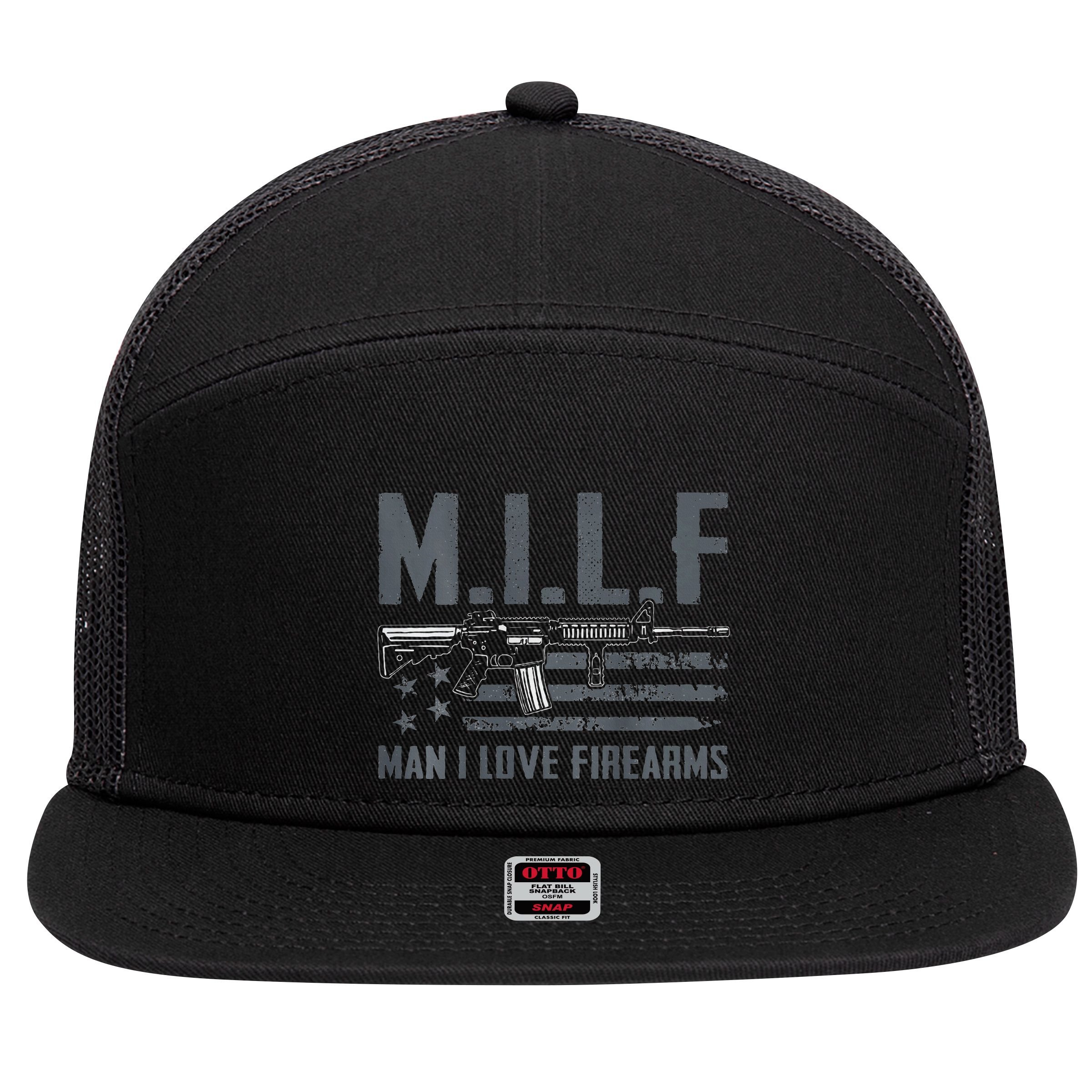 M.I.L.F Man I Love Firearms Funny Rifle Pro Gun 7 Panel Mesh Trucker Snapback Hat