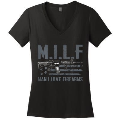 M.I.L.F Man I Love Firearms Funny Rifle Pro Gun Women's V-Neck T-Shirt