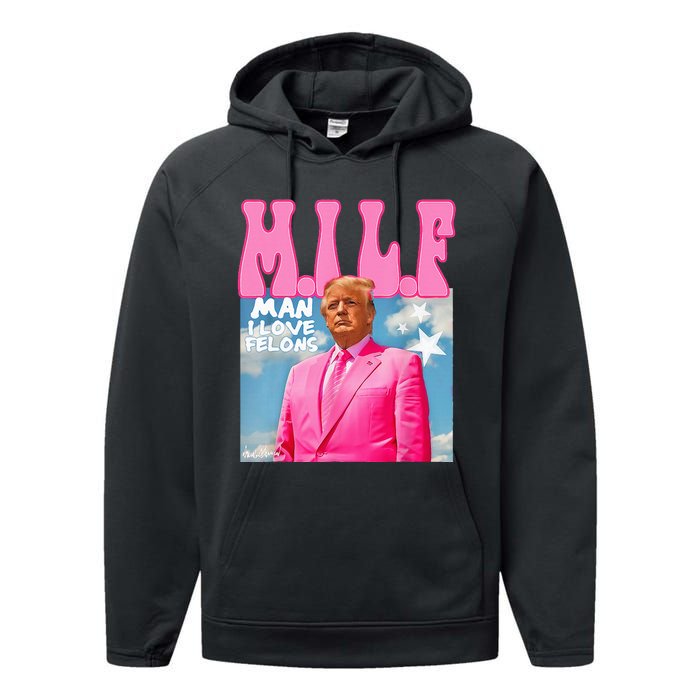 M.I.L.F Man I Love Felons Funny Trump Pink 2024 Election Performance Fleece Hoodie