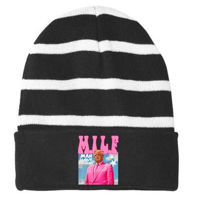 M.I.L.F Man I Love Felons Funny Trump 2024 Election Striped Beanie with Solid Band