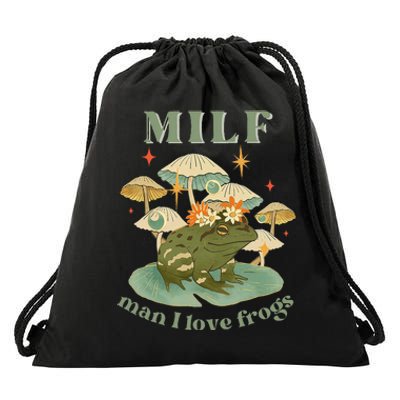 Milf Man I Love Frogs Vintage Retro Frog And Fungi Mushroom Drawstring Bag