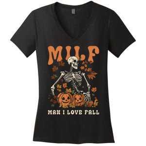 MILF Man I Love Fall Skeleton Pumpkin Thankgiving Funny Women's V-Neck T-Shirt