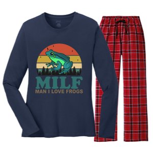 MILF Man I Love Frogs Funny Saying Frog Amphibian Lovers Women's Long Sleeve Flannel Pajama Set 