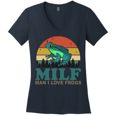 MILF Man I Love Frogs Funny Saying Frog Amphibian Lovers Women's V-Neck T-Shirt