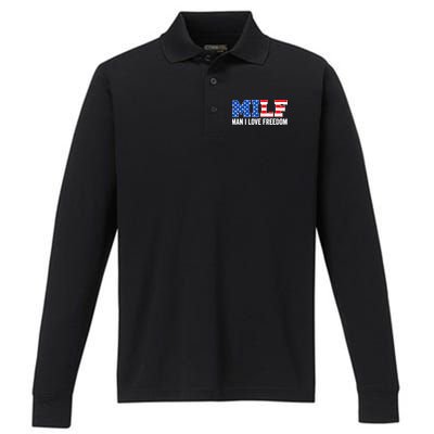 MILF Man I Love Freedom Funny Patriotic American 4th Of July Performance Long Sleeve Polo