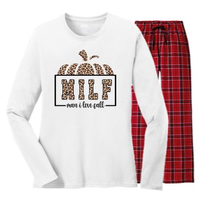 MILF Man I Love Fall Cheetah Pumpkin Cute Women's Long Sleeve Flannel Pajama Set 