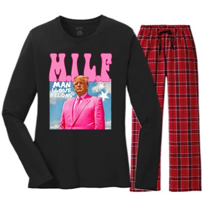 M.I.L.F Man I Love Felons Funny Trump Pink 2024 Election Women's Long Sleeve Flannel Pajama Set 