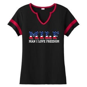 MILF Man I Love Freedom Funny Patriotic Ladies Halftime Notch Neck Tee