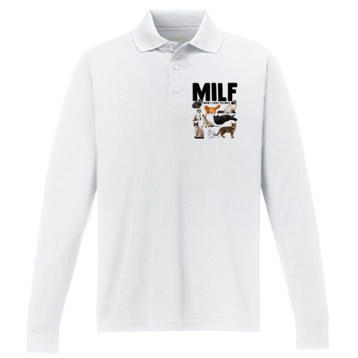 MILF Man I Love Felines Funny Cats Performance Long Sleeve Polo