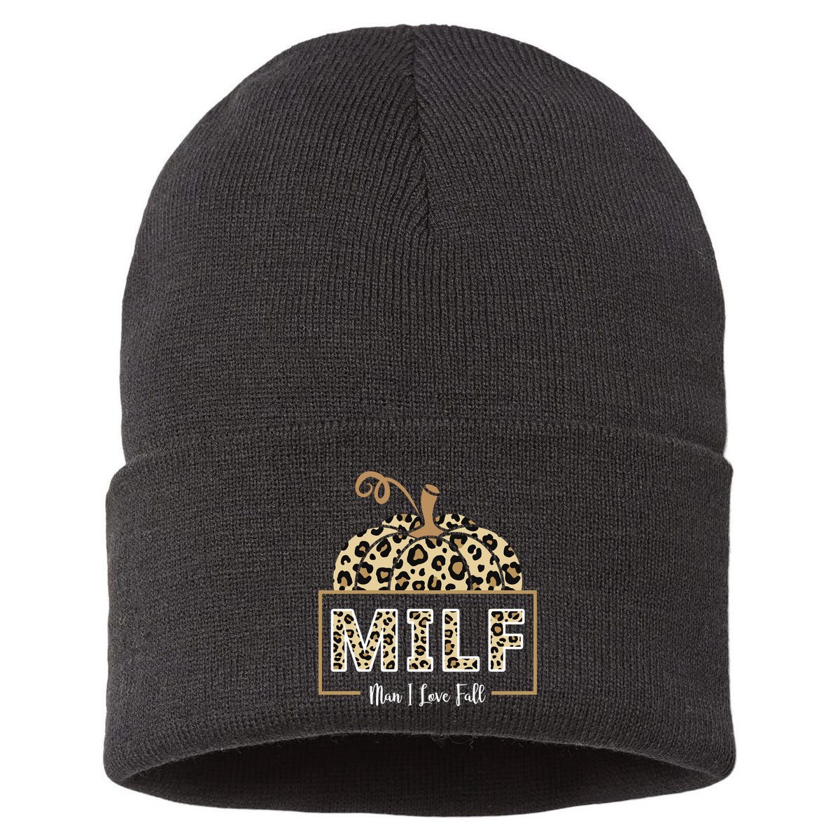 MILF Man I Love Fall Leopard Pumpkin Funny Sustainable Knit Beanie
