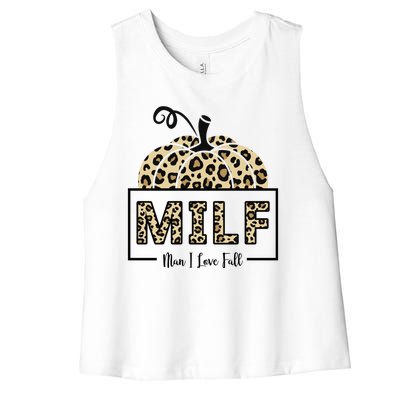 MILF Man I Love Fall Leopard Pumpkin Funny Women's Racerback Cropped Tank