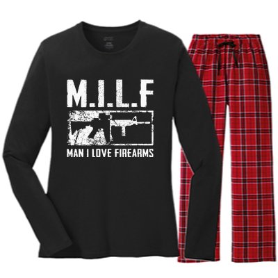 M.I.L.F Man I Love Firearms Funny Ar15 2a Pro Gun Rights Women's Long Sleeve Flannel Pajama Set 