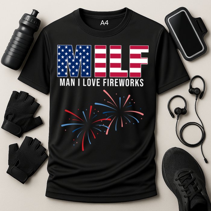 MILF Man I Love Fireworks Funny 4th Of July Cooling Performance Crew T-Shirt