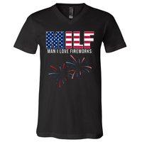 MILF Man I Love Fireworks Funny 4th Of July V-Neck T-Shirt