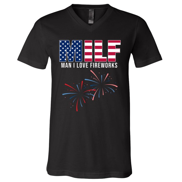 MILF Man I Love Fireworks Funny 4th Of July V-Neck T-Shirt