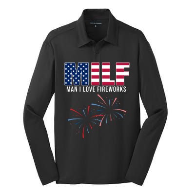 MILF Man I Love Fireworks Funny 4th Of July Silk Touch Performance Long Sleeve Polo