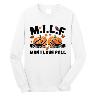 Milf Man I Love Fall Skeleton Pumpkin Hand Boob Long Sleeve Shirt