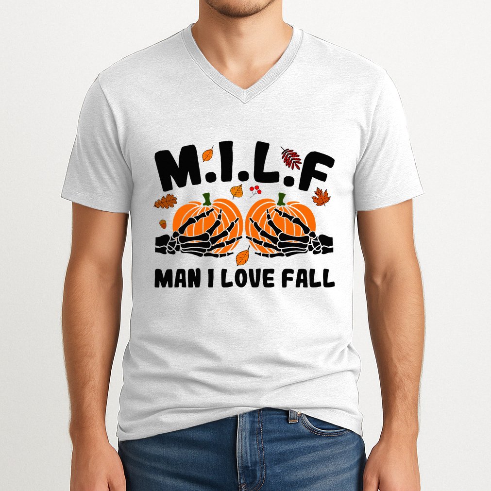 Milf Man I Love Fall Skeleton Pumpkin Hand Boob V-Neck T-Shirt