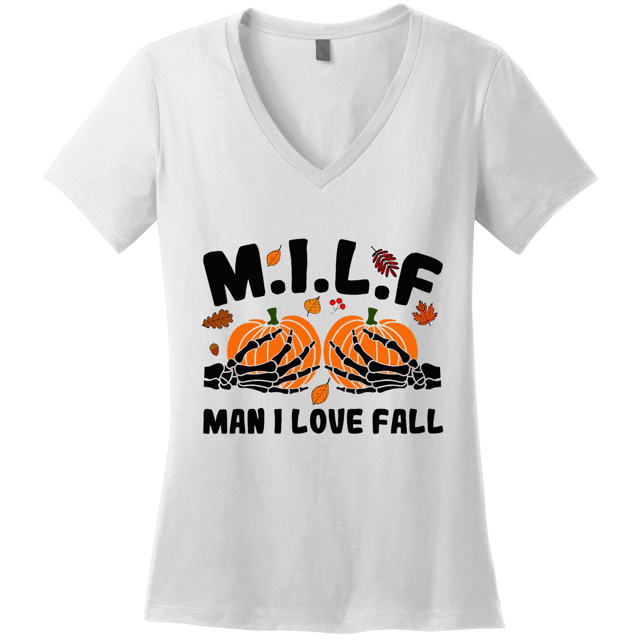 Milf Man I Love Fall Skeleton Pumpkin Hand Boob Women's V-Neck T-Shirt