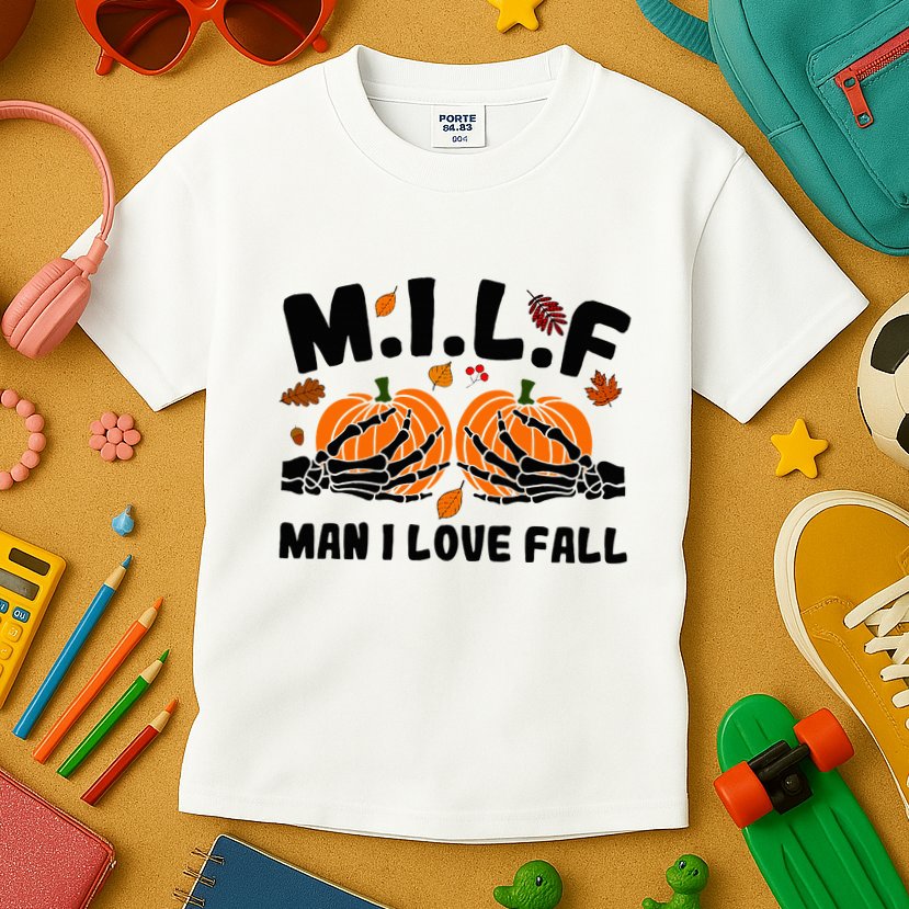 Milf Man I Love Fall Skeleton Pumpkin Hand Boob Kids T-Shirt