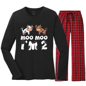 Moo Moo Im Two Cute Cow 2nd Birthday Cows Gift 8111 Women's Long Sleeve Flannel Pajama Set 