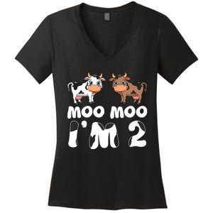 Moo Moo Im Two Cute Cow 2nd Birthday Cows Gift 8111 Women's V-Neck T-Shirt